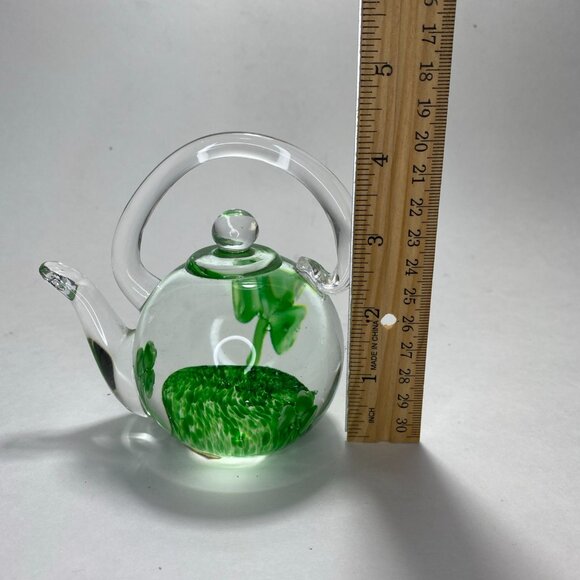Hand Blown Glass Teapot Paperweight Shamrock Ireland Good Luck - Picture 4 of 4